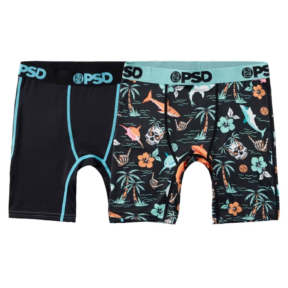 PSD Youth Boxer Briefs 2 Pack Shark Jaws Tropical Black Teal Size Large 26-27